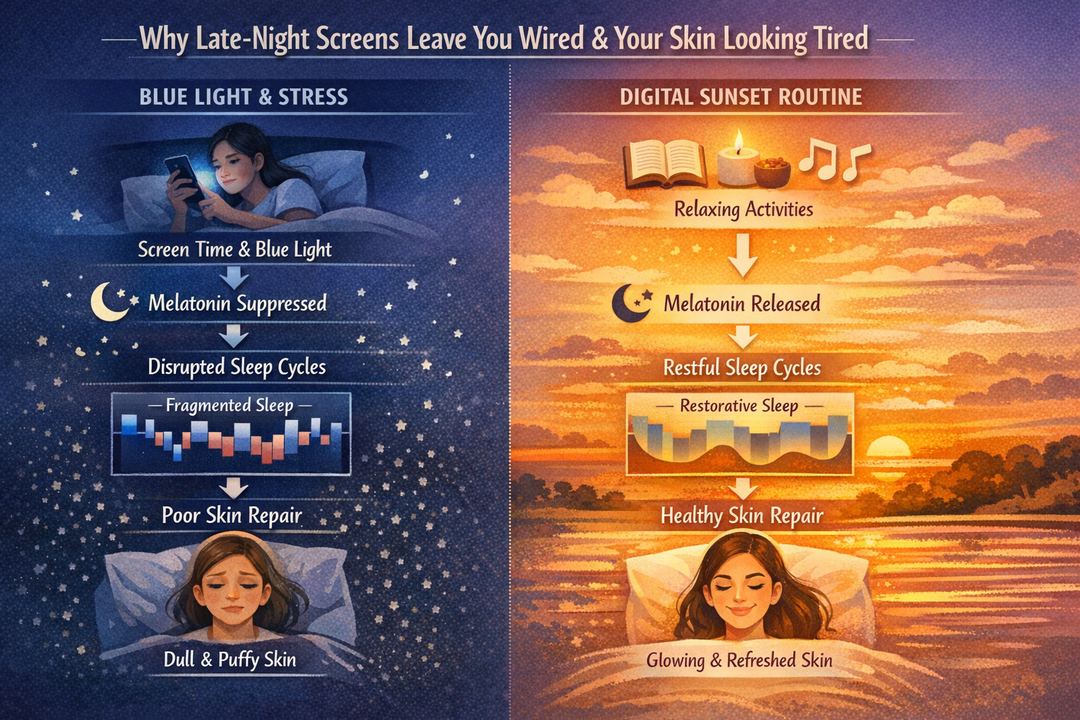 Infographic showing how evening blue light and stress affect sleep stages and skin repair, contrasted with a calm digital sunset routine.
