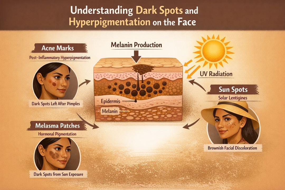 Infographic showing how melanin creates different types of dark spots on Indian skin tones, including acne marks, sun spots and melasma patches.