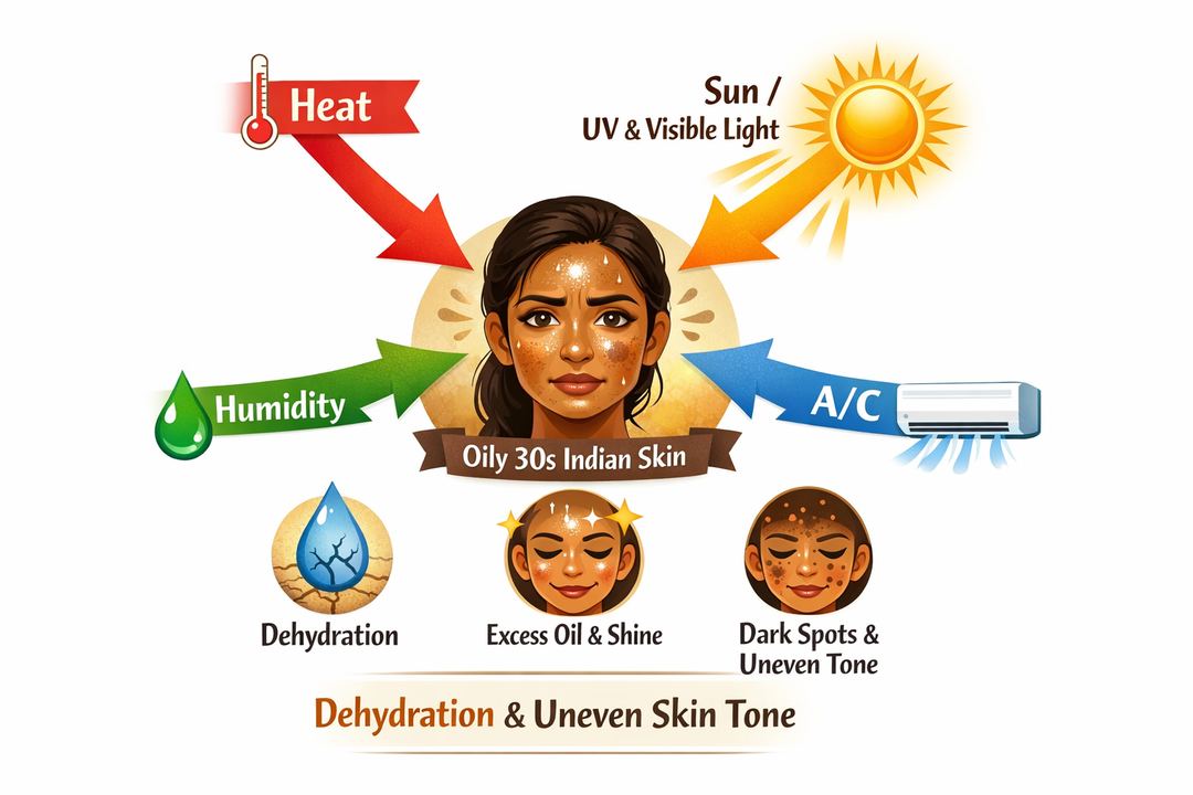 Infographic diagram showing how heat, humidity, AC, and UV/visible light affect oily 30s Indian skin, leading to both dehydration and uneven tone.