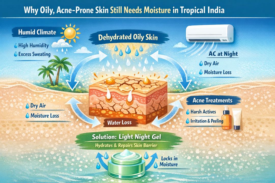 Infographic explaining how humidity, AC and acne treatments can dehydrate oily skin and damage the skin barrier at night.