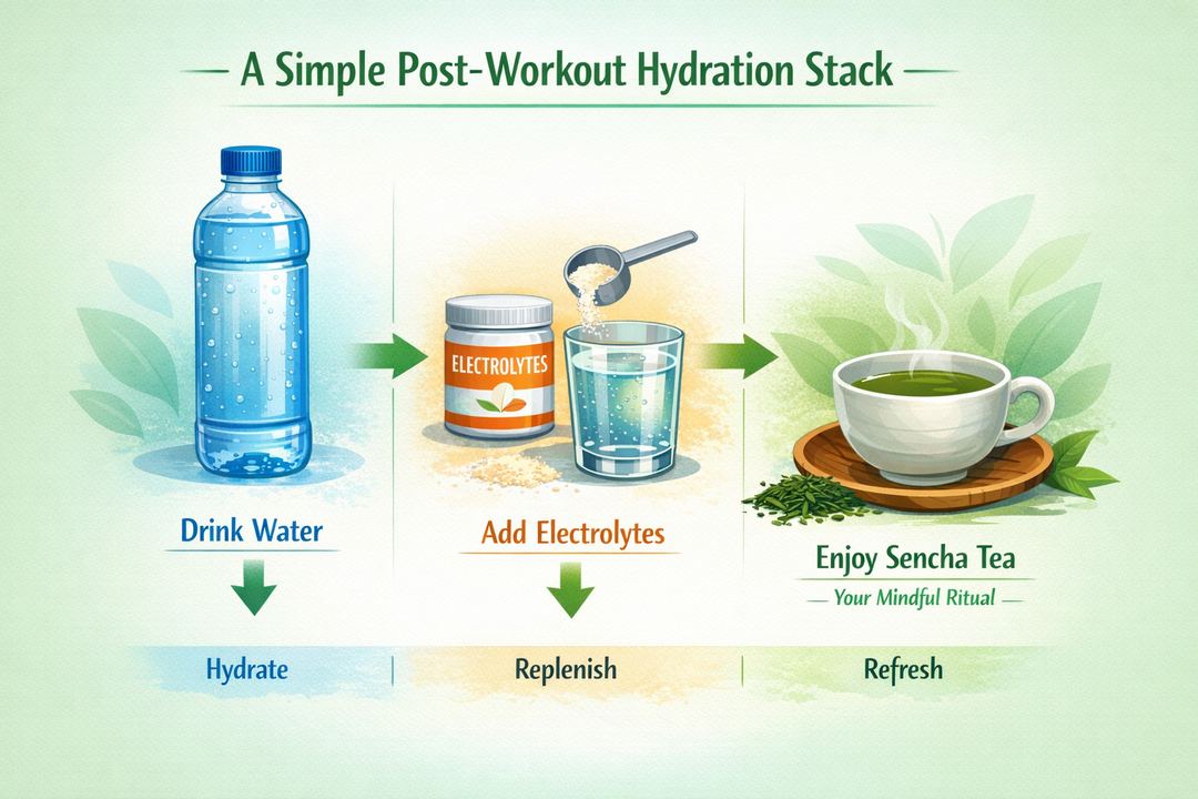 Infographic illustrating a simple post‑workout hydration stack with water, electrolytes, and a cup of sencha as a light finishing ritual.