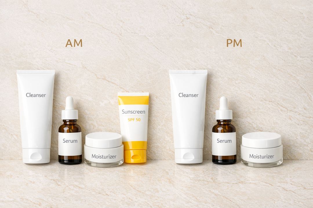 Minimal AM and PM skincare routine for Indian skin with cleanser, serum, moisturizer and sunscreen laid out on a counter.