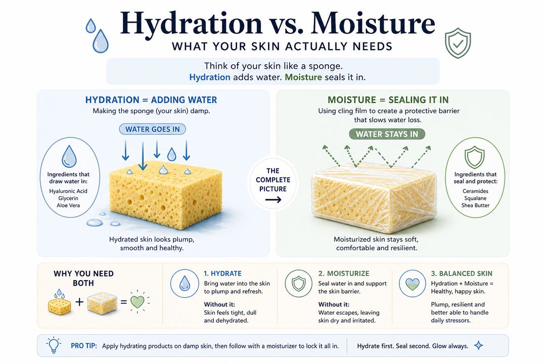 Infographic showing a sponge wrapped in cling film to explain skin hydration vs moisture, with arrows for water going in and being sealed in.