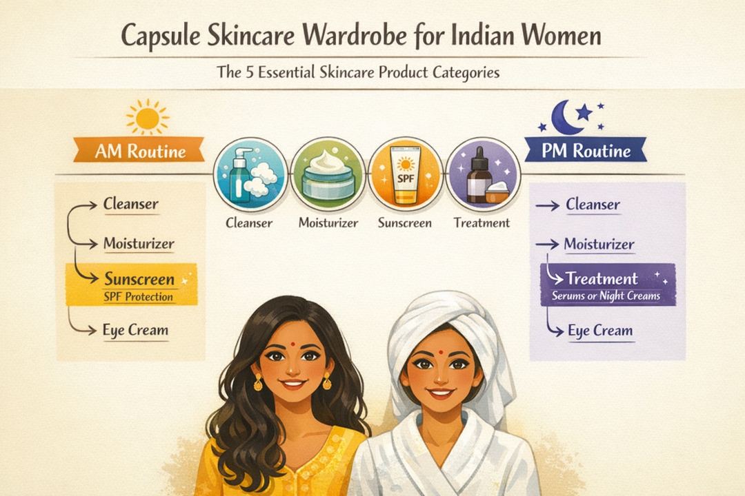 Infographic of a capsule skincare wardrobe for Indian women showing the 5 essential product categories and how they fit into AM and PM routines.