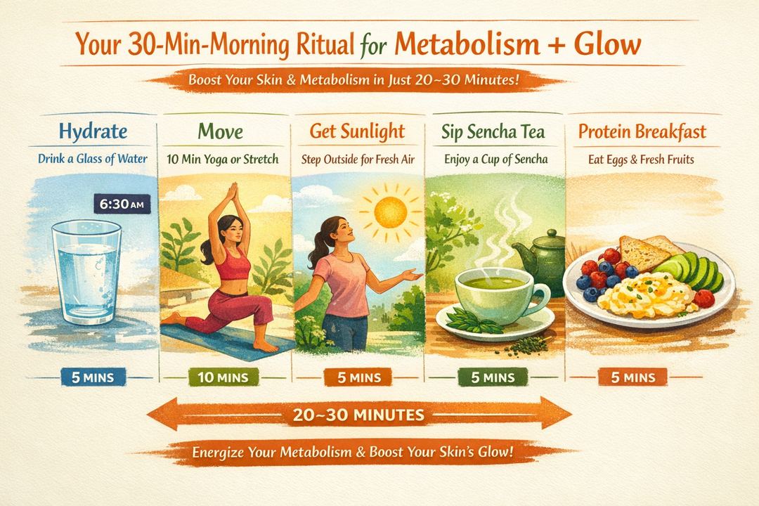 Infographic of a 30-minute Indian morning routine showing hydration, movement, light, sencha tea and protein breakfast for metabolism and skin glow.