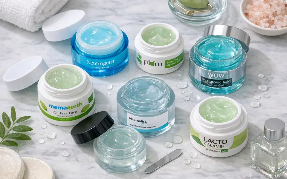 Flatlay of lightweight gel moisturizers suitable for combination skin on a bathroom counter
