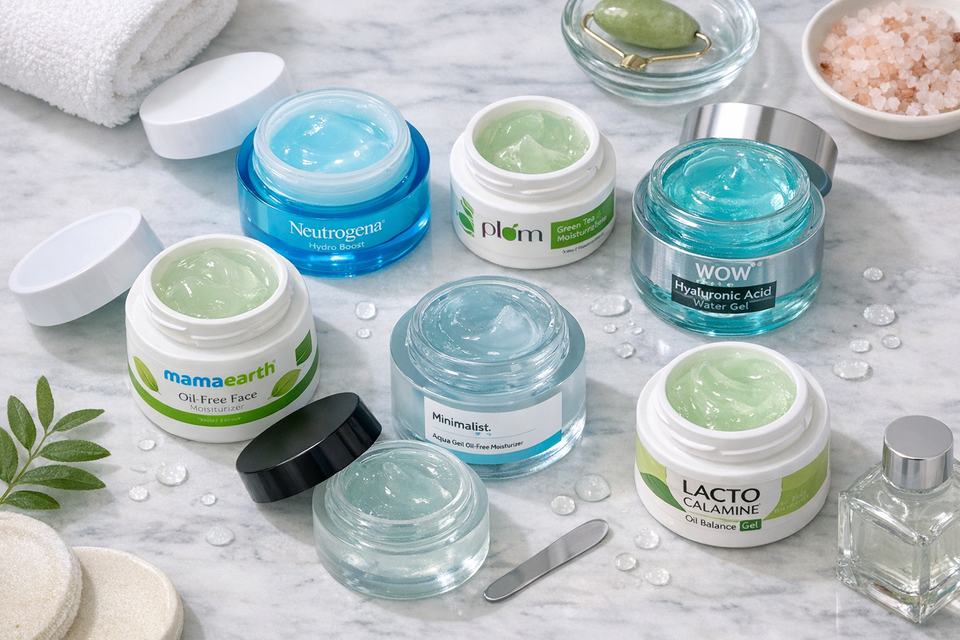 Flatlay of lightweight gel moisturizers suitable for combination skin on a bathroom counter