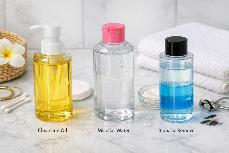 Flatlay of cleansing oil, micellar water, and biphasic eye makeup remover bottles on a bathroom counter