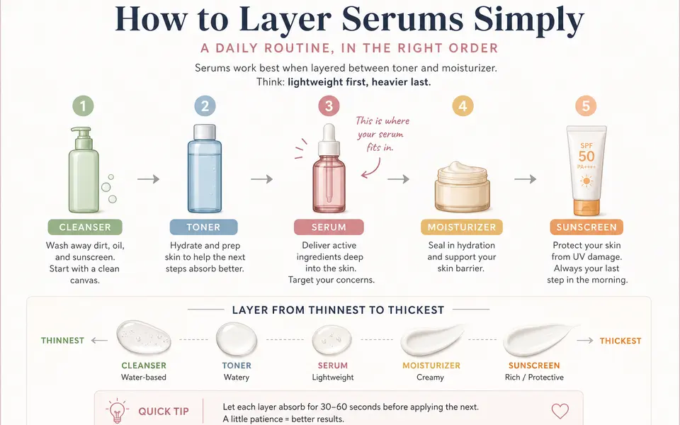 Diagram showing skincare order from cleanser to toner, serum, moisturizer, and sunscreen.