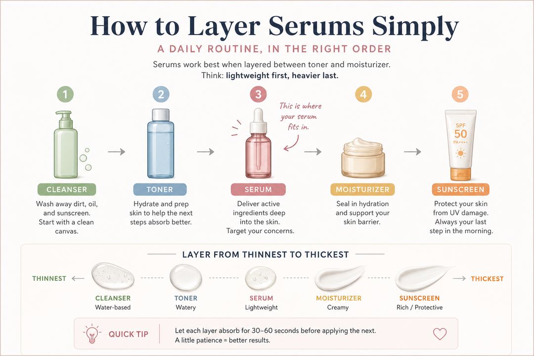 Diagram showing skincare order from cleanser to toner, serum, moisturizer, and sunscreen.