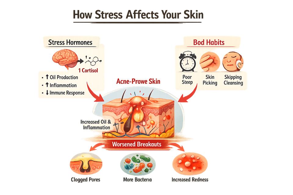 Infographic showing how internal stress hormones and everyday habits like poor sleep, picking and skipping cleansing combine to worsen breakouts.