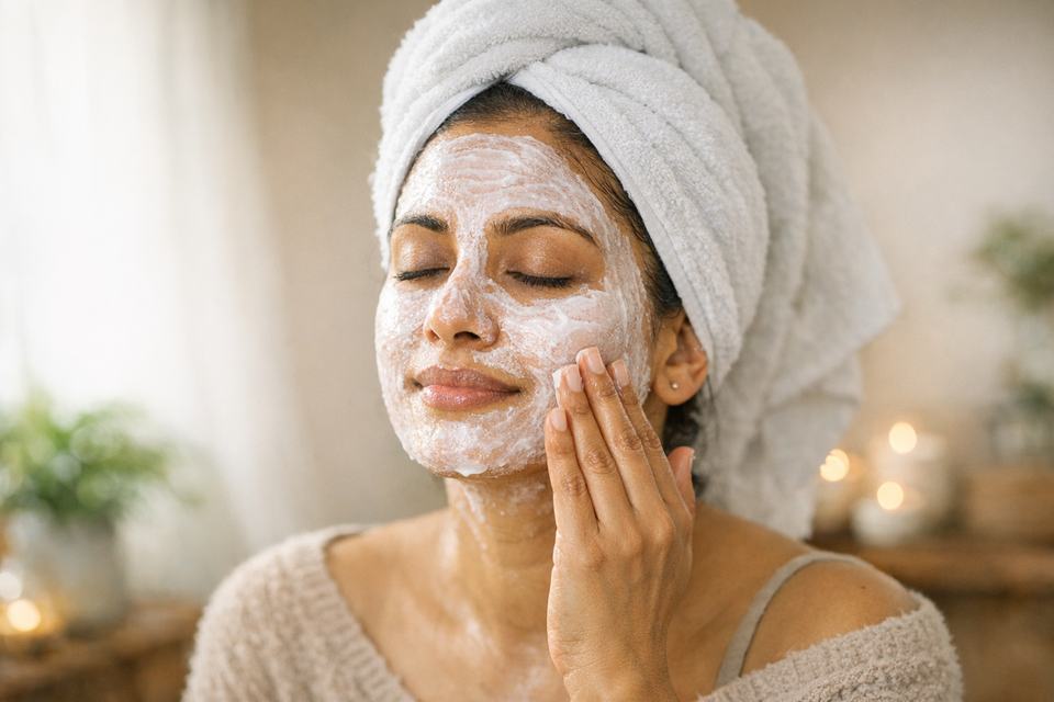Indian woman with dry skin applying a creamy hydrating face mask at home in natural light