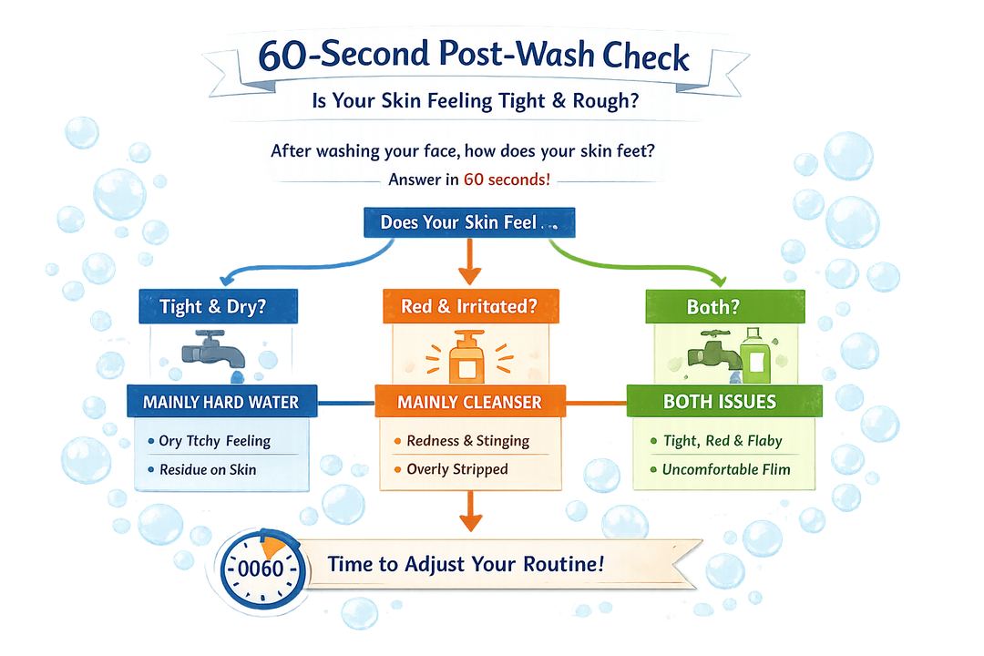Infographic of a 60-second post-wash check showing how to tell if tight, rough skin is from hard water, cleanser, or both.