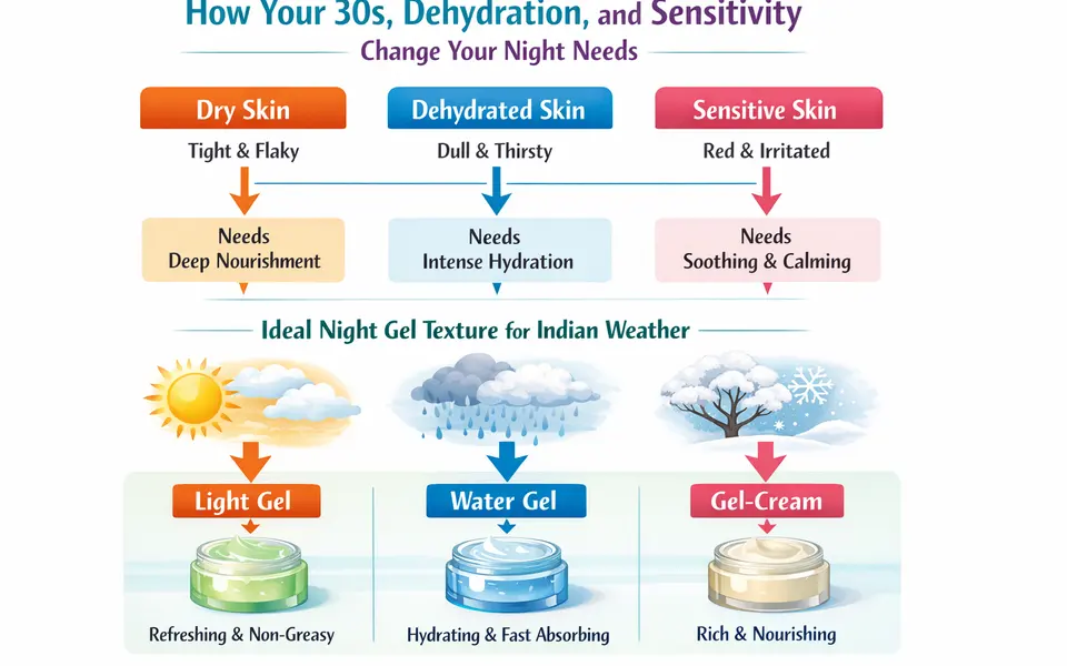 Best night gel for 30s skin plus dehydrated skin plus sensitive skin in all season