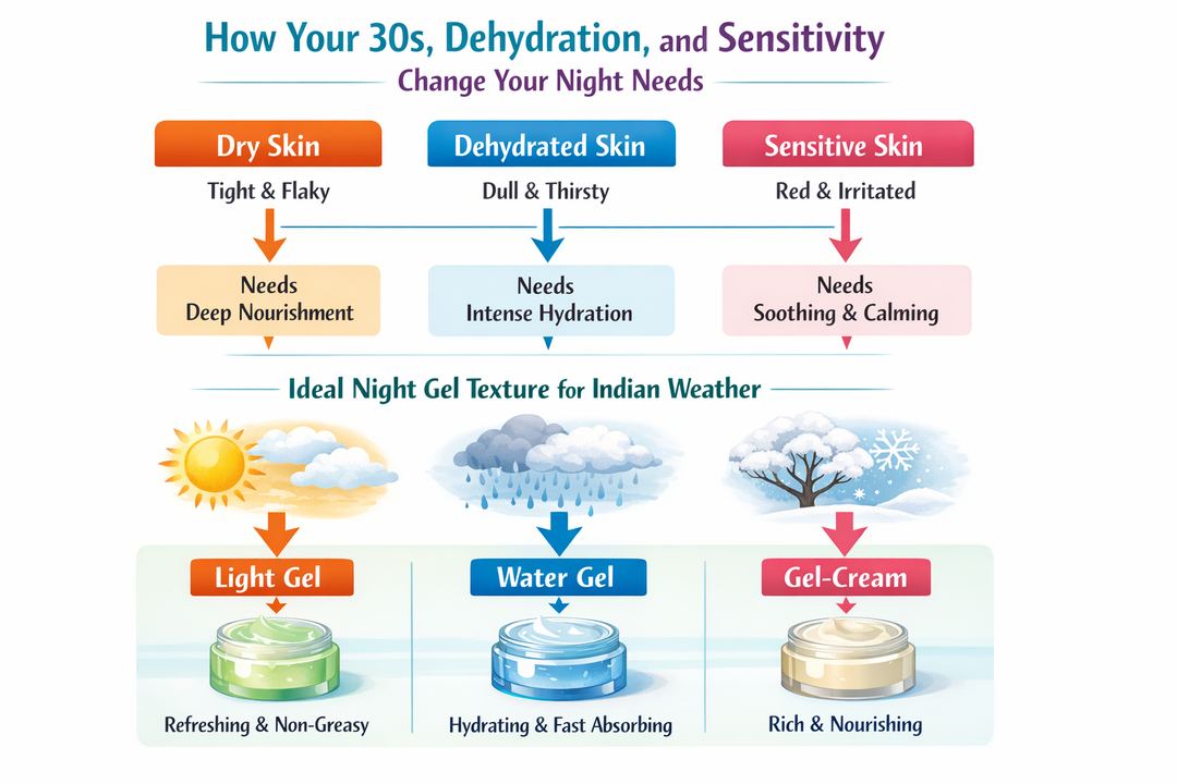 Infographic comparing dry vs dehydrated vs sensitive 30s skin and showing how a night gel supports each concern in Indian weather.