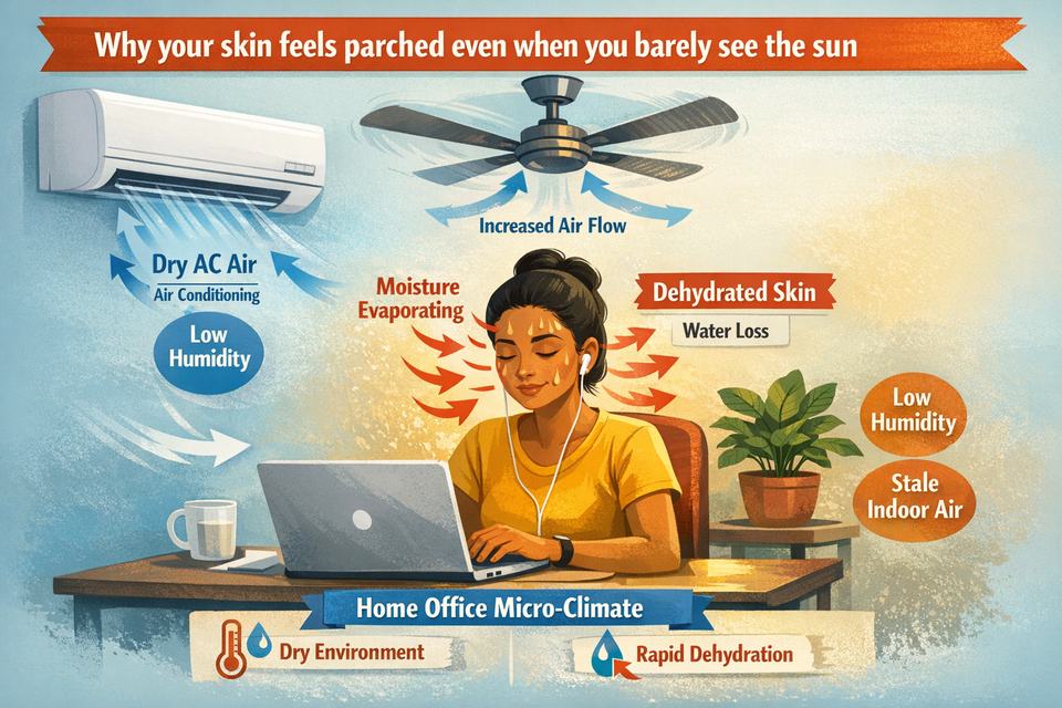 Infographic of a person working from home in India with AC and ceiling fan showing arrows of moisture leaving facial skin.