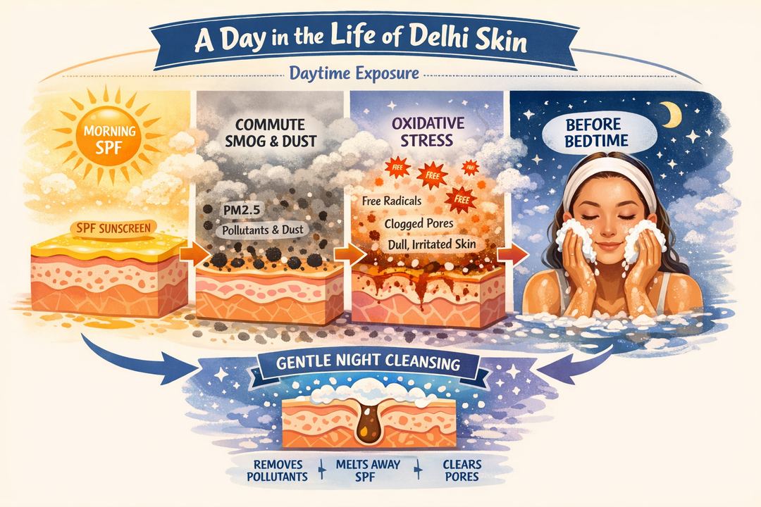 Infographic showing how Delhi pollution particles and sunscreen mix on the skin through the day and are removed by a night cleansing routine.