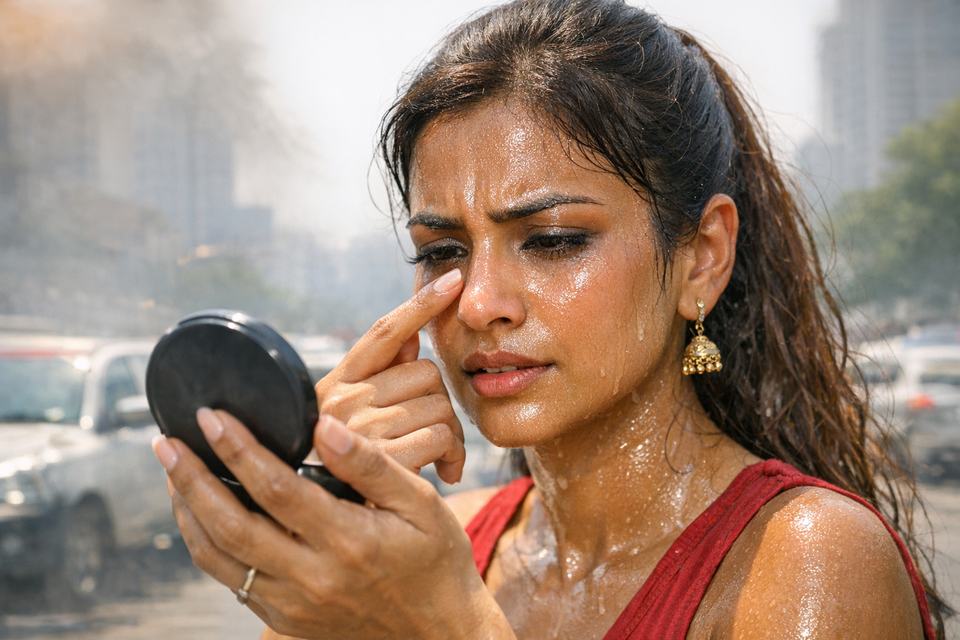 Indian woman examining shiny T-zone in a compact mirror on a hot day.