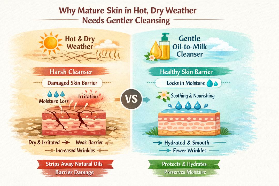 Infographic showing how hot, dry weather and harsh cleansers damage mature skin’s barrier, compared with a gentle oil-to-milk cleanser preserving moisture.