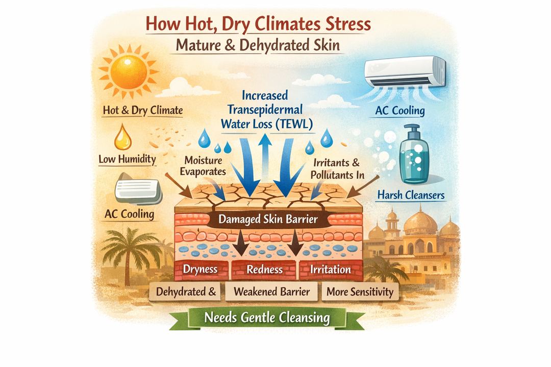 Infographic showing how hot, dry climates increase water loss from skin and why mature and dehydrated skin need gentler cleansers.