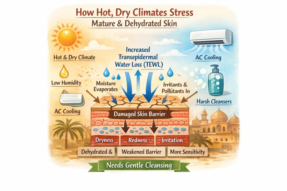 Infographic showing how hot, dry climates increase water loss from skin and why mature and dehydrated skin need gentler cleansers.