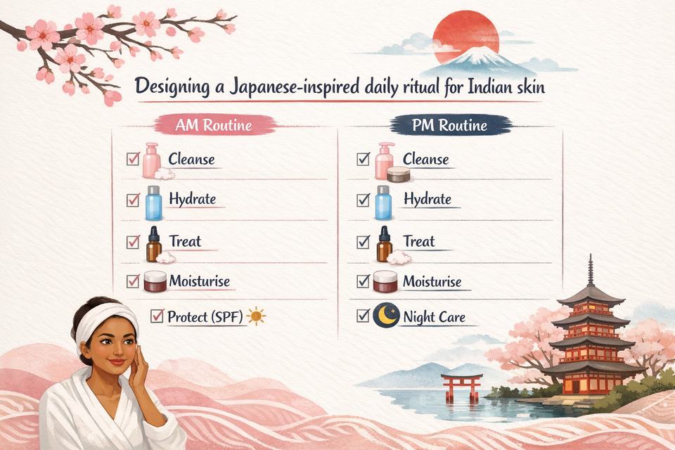 Checklist graphic of a simple AM and PM skincare routine for Indian skin.