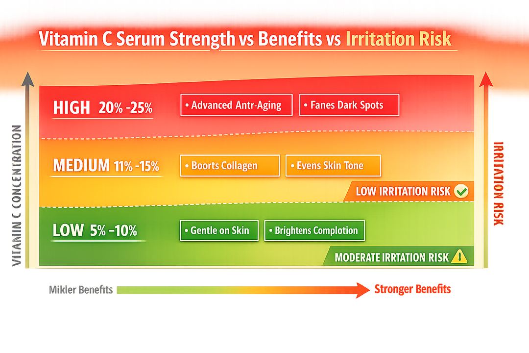 Infographic showing vitamin C serum strength vs benefits vs irritation risk