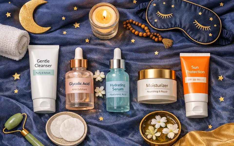 Flatlay of a night-time skincare routine with cleanser, glycolic acid, hydrating serum, moisturiser and sunscreen, styled for Indian consumers