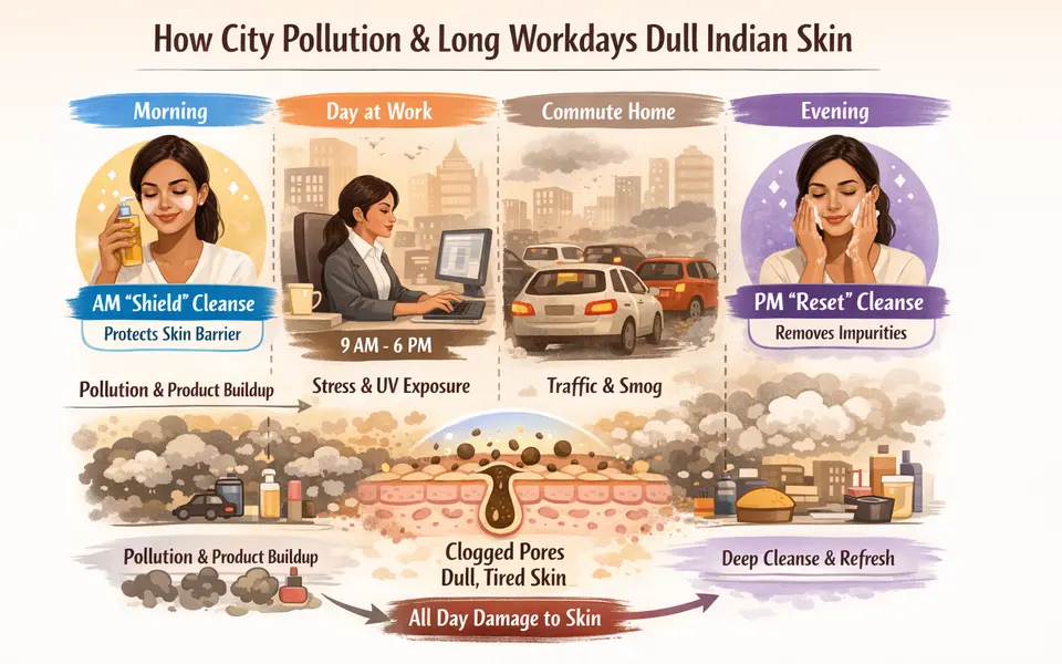 Soothing cleansing oil & face wash routine for working women plus dull skin in city pollution