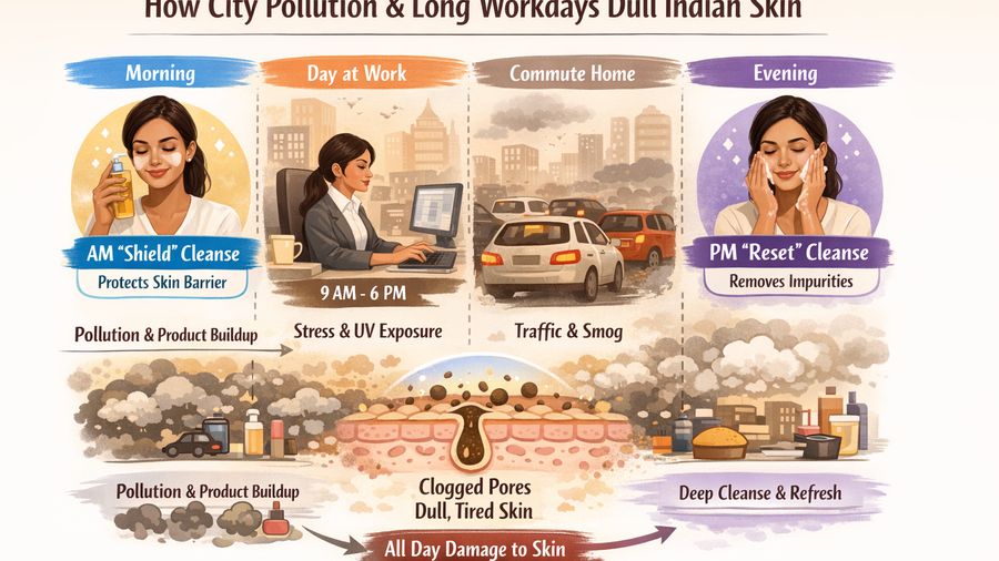 Soothing cleansing oil & face wash routine for working women plus dull skin in city pollution