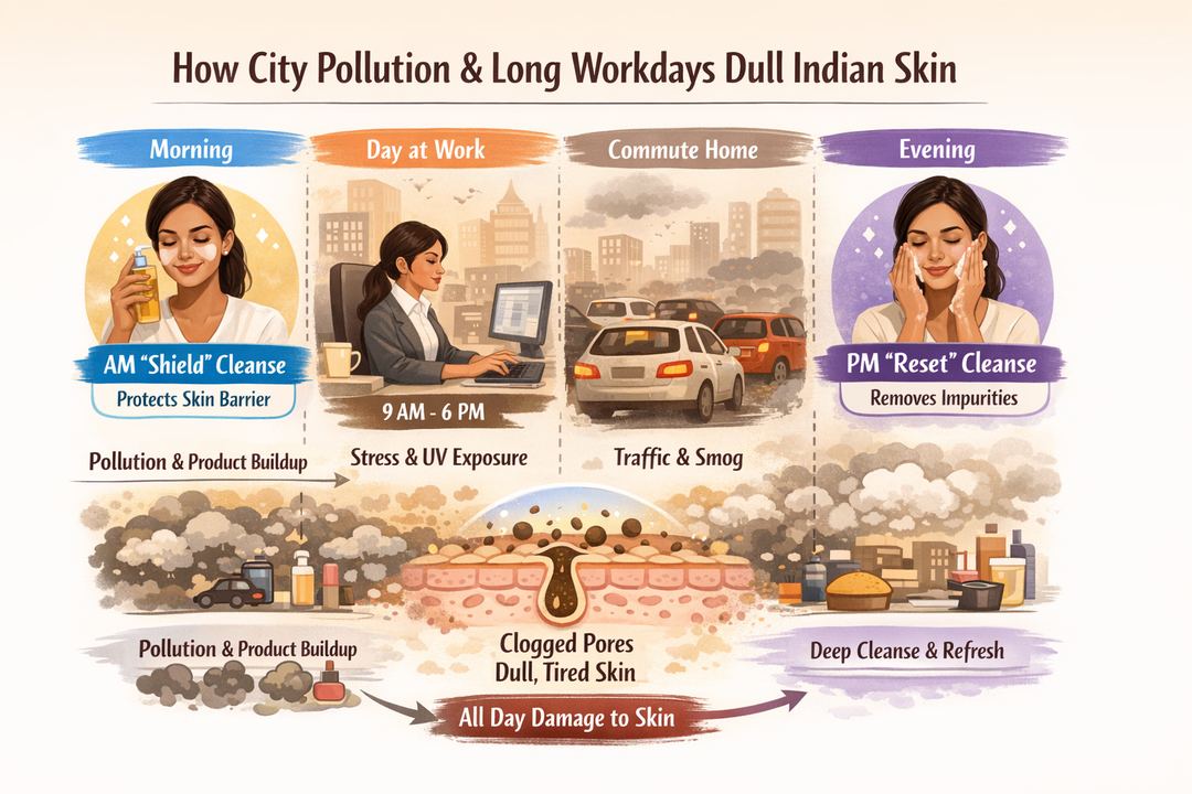 Infographic showing how a busy day in city pollution impacts the skin and where cleansing fits in morning and night.
