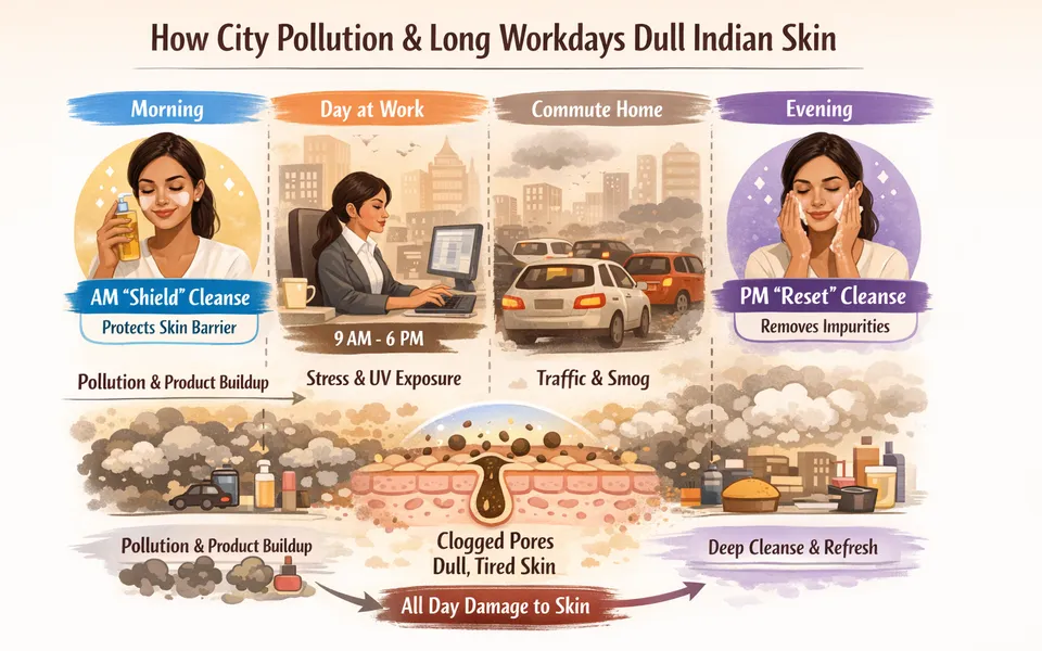 Soothing cleansing oil & face wash routine for working women plus dull skin in city pollution