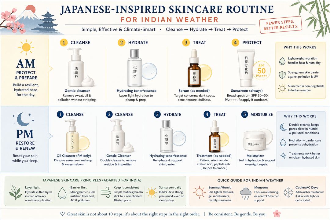 Infographic of a Japanese-inspired morning and night skincare routine adapted to Indian weather, showing cleanse, hydrate, treat, and protect steps.