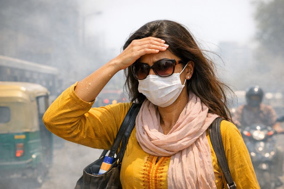 Indian woman commuting through a polluted city street, shielding her face from sun and dust.