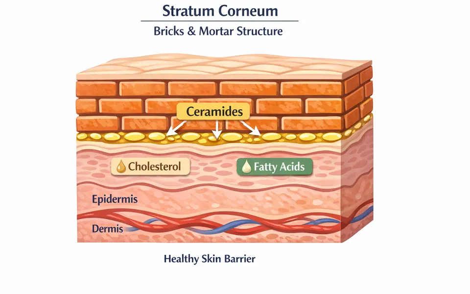 Cross-section diagram of the skin showing the stratum corneum as bricks and mortar with ceramides labelled.