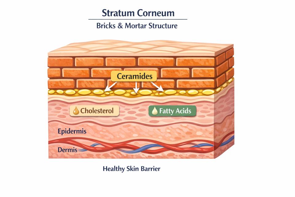 Cross-section diagram of the skin showing the stratum corneum as bricks and mortar with ceramides labelled.