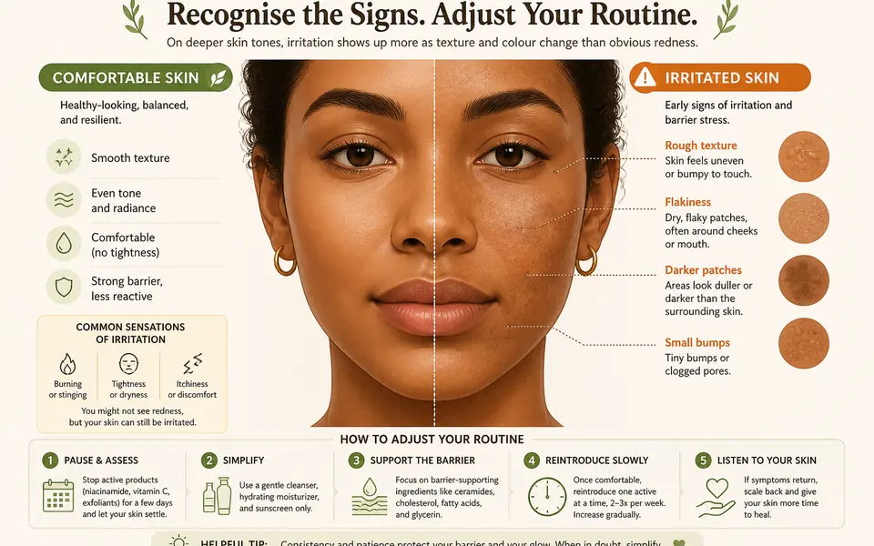 Illustration of medium-brown facial skin showing one side healthy and even, and the other side with dullness, rough texture and dark patches as examples of irritation and barrier damage.