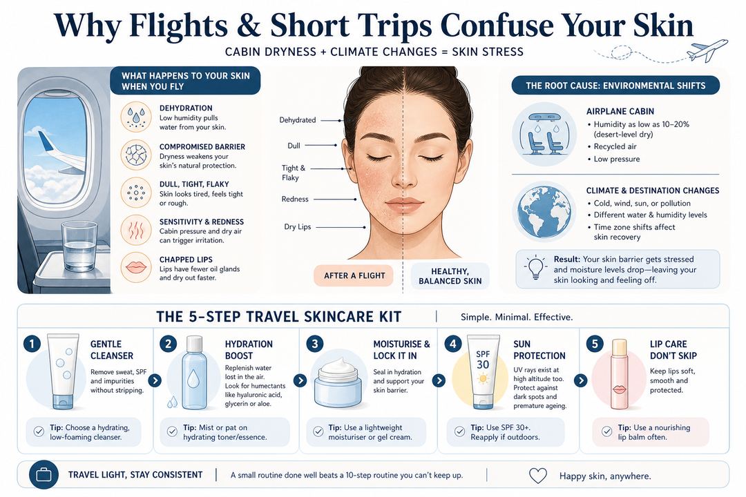 Infographic showing how dry airplane cabins affect skin and the 5 essential travel skincare steps.