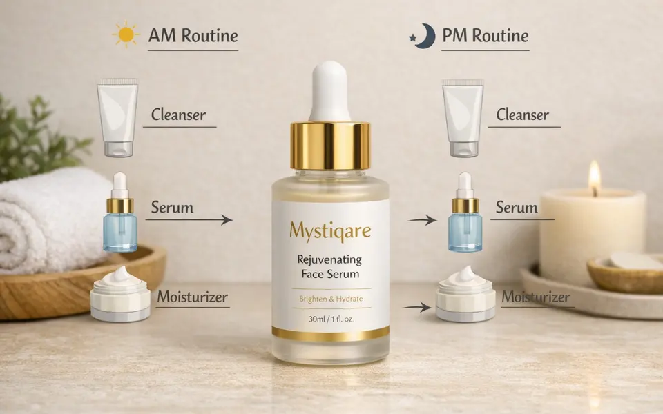 Bottle of Mystiqare Rejuvenating Face Serum next to a simple AM and PM routine layout
