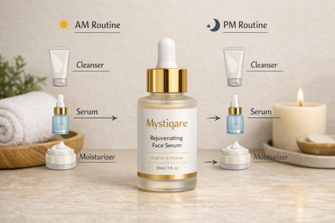 Bottle of Mystiqare Rejuvenating Face Serum next to a simple AM and PM routine layout