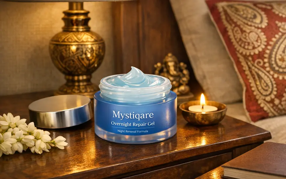Open jar of Mystiqare Overnight Repair Gel on a bedside table in an Indian bedroom setting