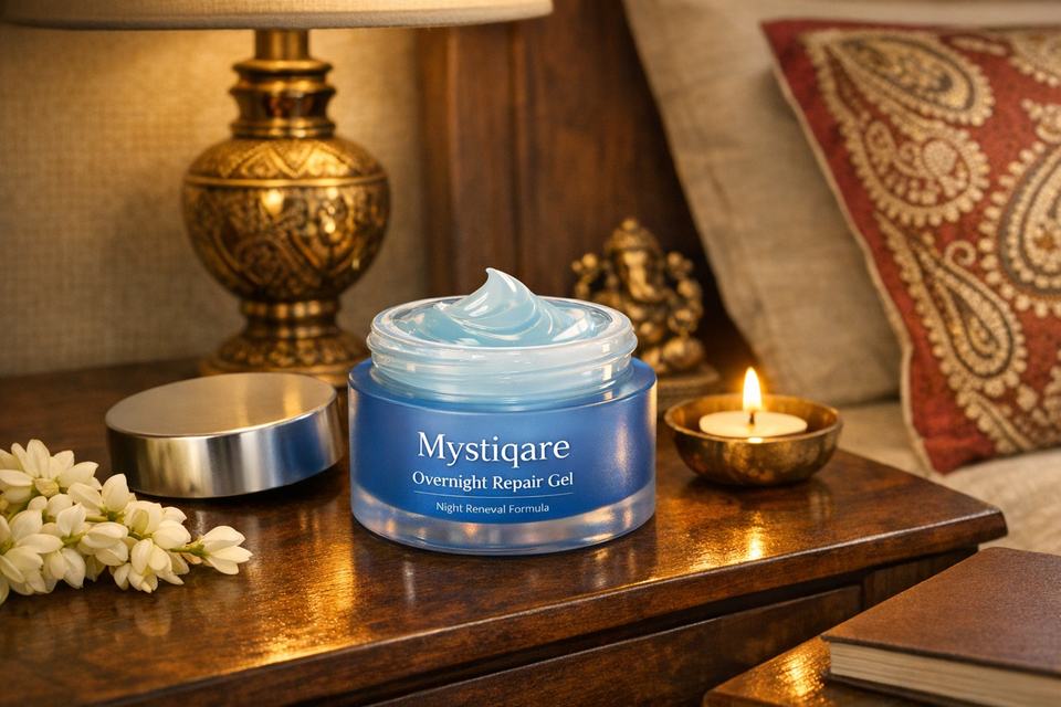 Open jar of Mystiqare Overnight Repair Gel on a bedside table in an Indian bedroom setting