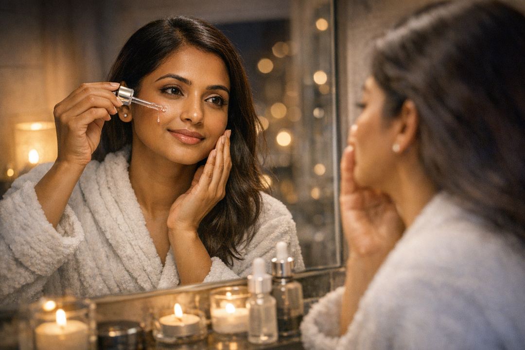 Indian woman applying face serum at night in front of a mirror