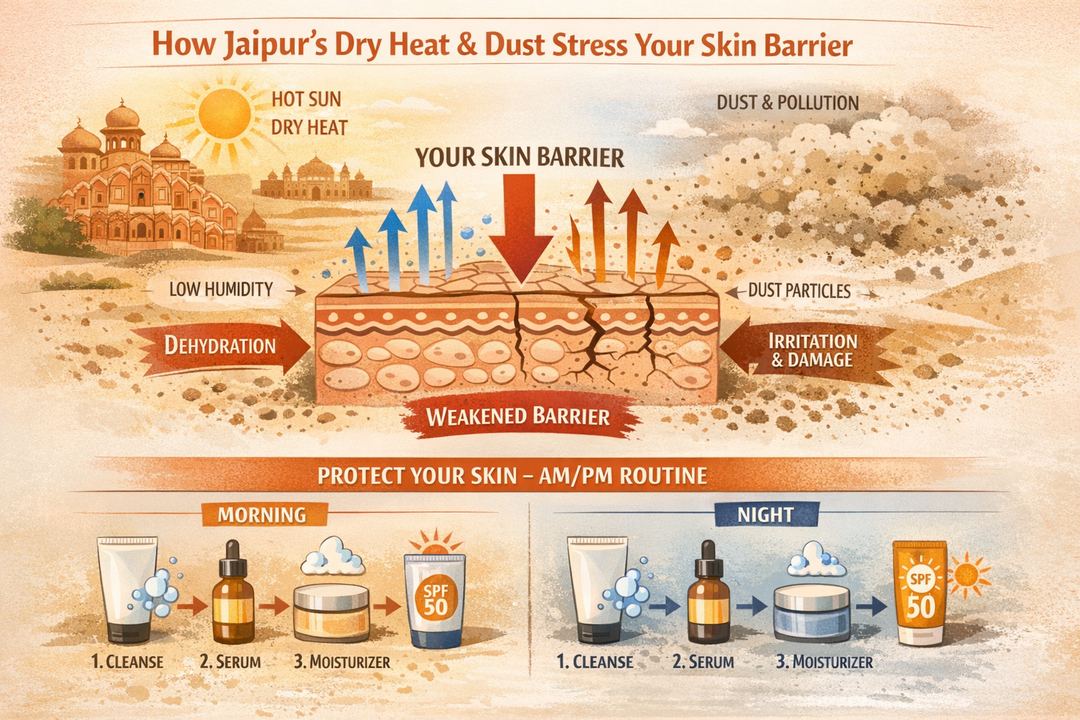 Infographic diagram showing how Jaipur’s dry heat and dust increase water loss and irritate the skin barrier, plus a simple AM/PM routine to protect it.