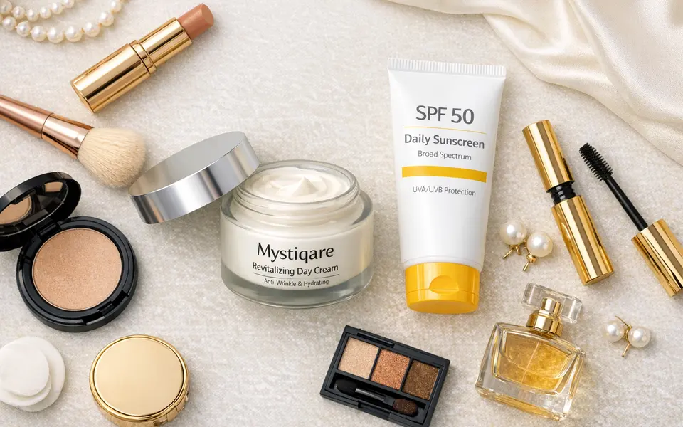 Flatlay of a day cream, sunscreen, and makeup on a vanity