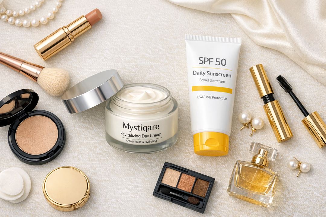 Flatlay of a day cream, sunscreen, and makeup on a vanity