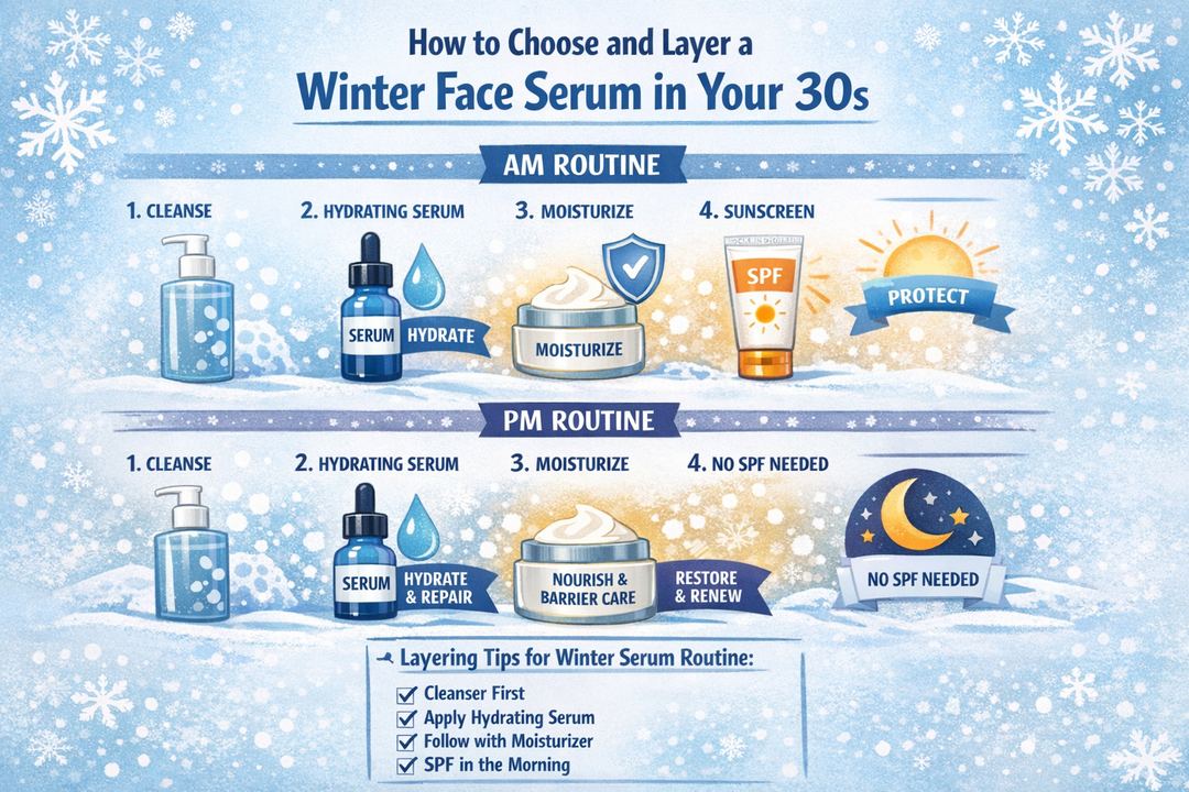 Infographic showing a simple AM/PM winter serum routine for 30s skin with cleanser, hydrating serum, moisturiser and sunscreen