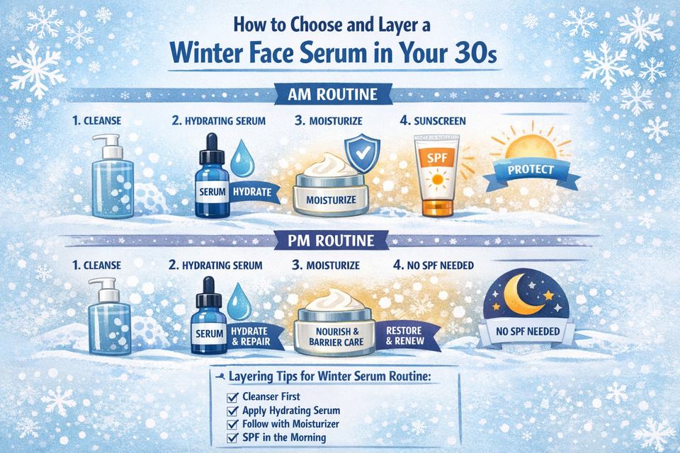 Infographic showing a simple AM/PM winter serum routine for 30s skin with cleanser, hydrating serum, moisturiser and sunscreen