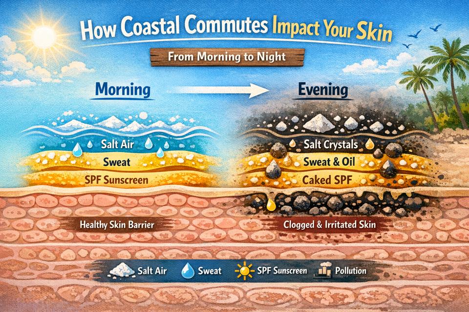 Infographic showing how Kochi’s salt air, sweat, sunscreen and pollution layer on the skin during a coastal commute.