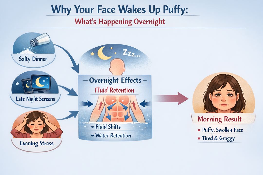 Infographic showing how salty dinners, late screens, and stress lead to fluid retention and a puffy face in the morning.